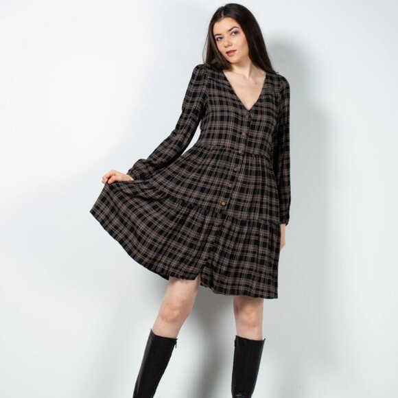 Harlow Burgundy Red Tartan Plaid V Neck Long Sleeve Tiered Babydoll Mini Dress - Picture 3 of 8